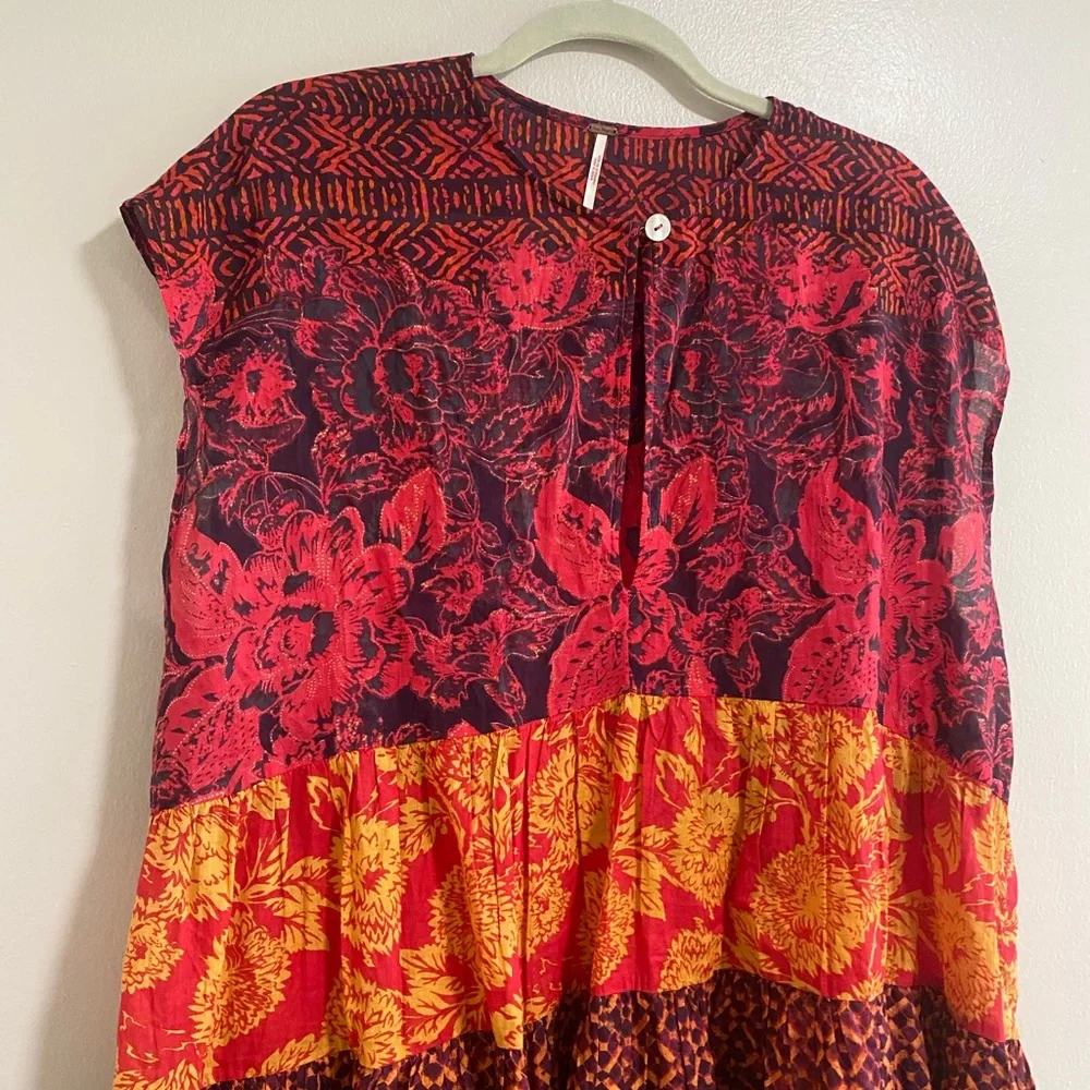 Floral Patchwork Red & Orange Short Sleeve Tunic Top